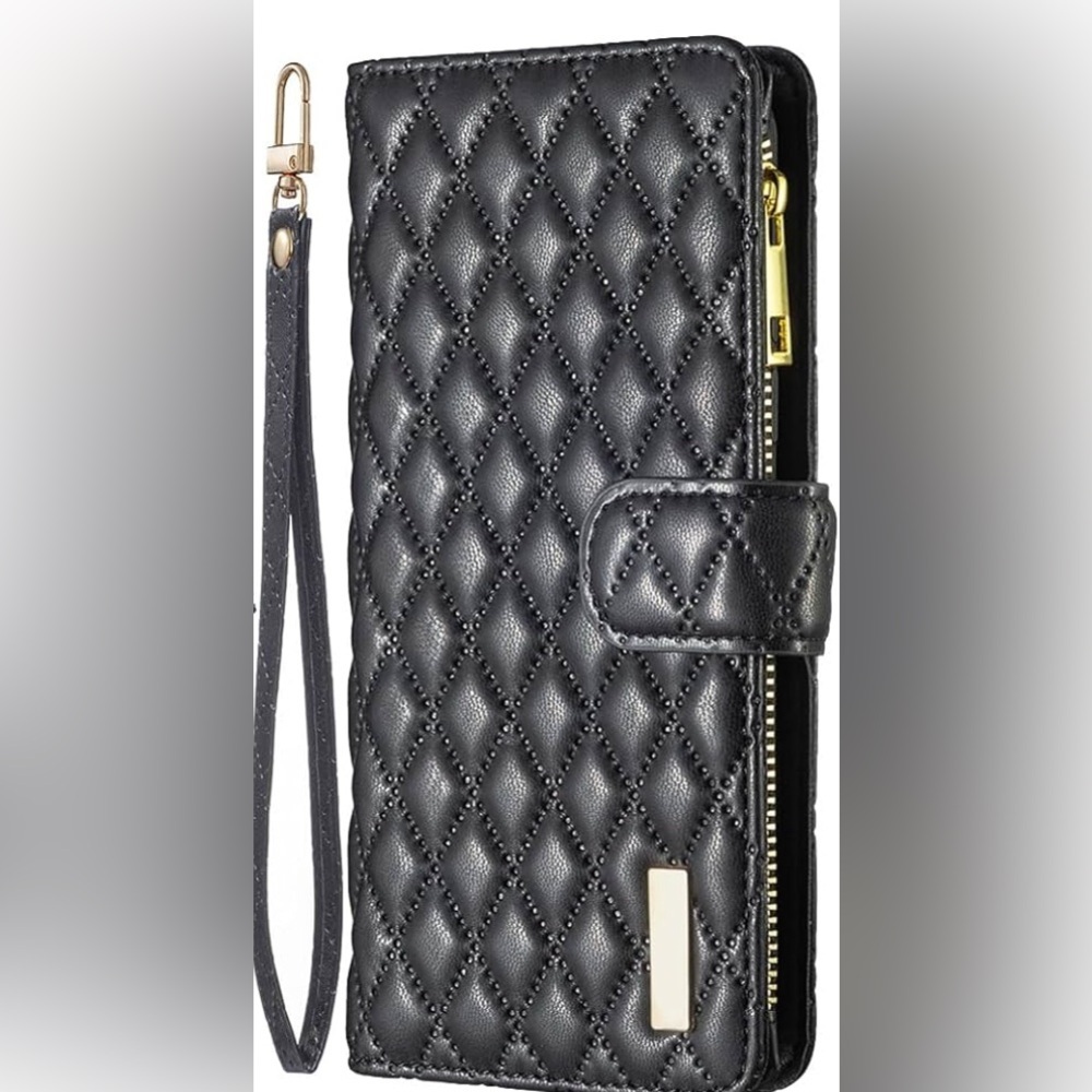 Black Quilted iPhone Xs, X Wallet Cover with Flip Credit Card Holder Stand